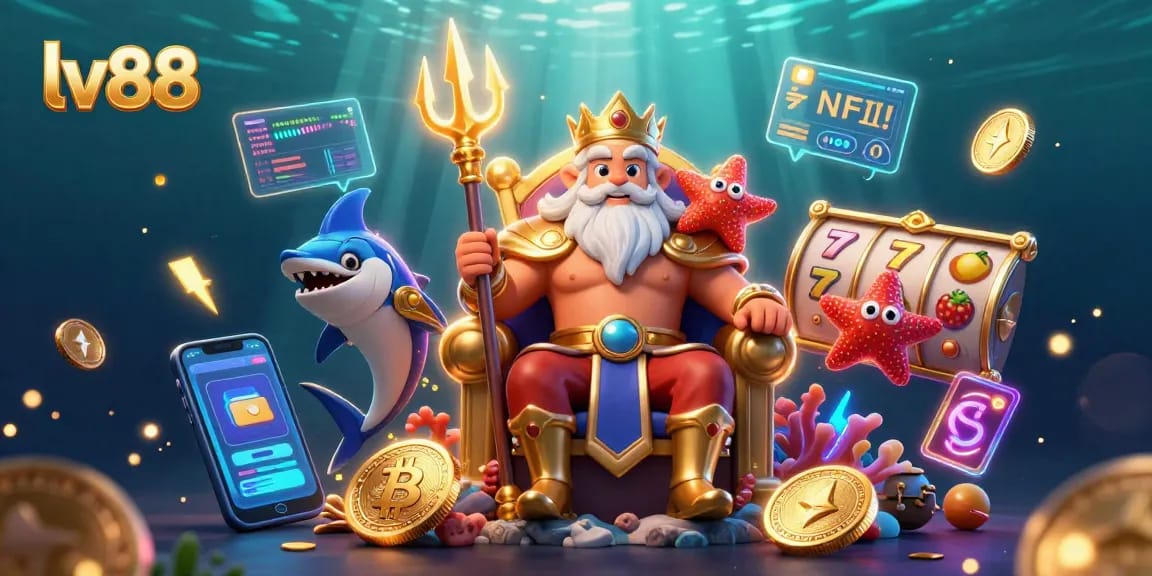 Engage with lv88's vibrant casino world, featuring lively characters surrounded by slots and crypto coins.