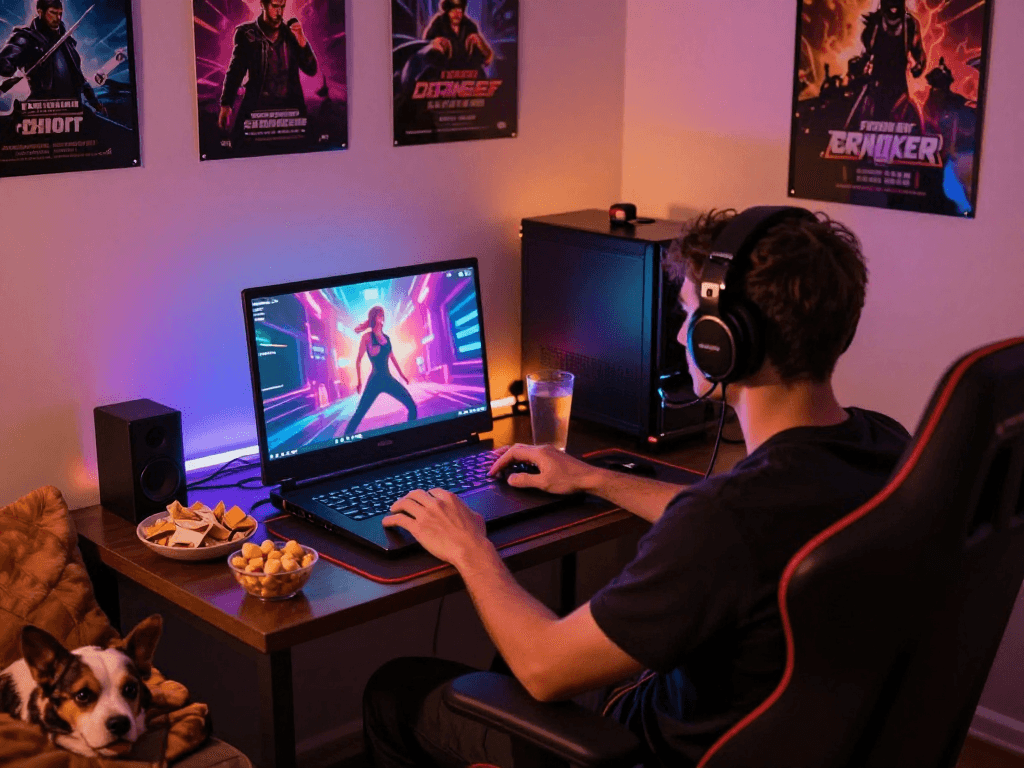 Experience ultimate fun with a sex simulator in a cozy gaming setup.