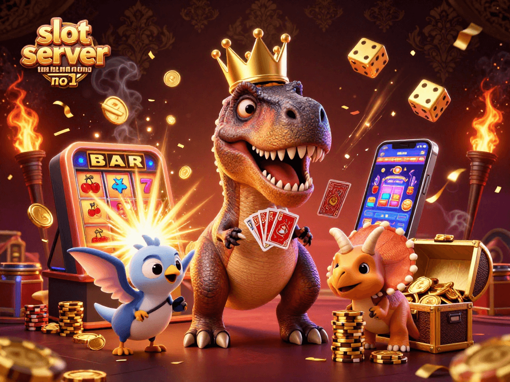 Experience the excitement at the slot server thailand no 1 with a playful T-Rex, pterodactyl, and triceratops in a dynamic casino scene.