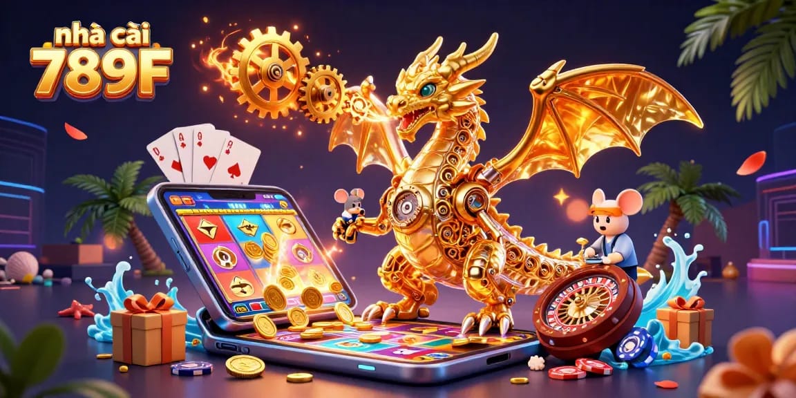 Experience thrilling gameplay with nhà cái 789F, featuring a vibrant 3D dragon and dynamic casino elements.