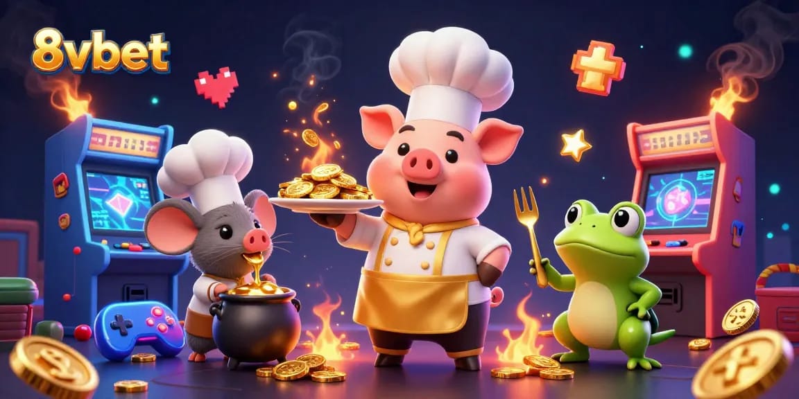 Engage with 8vbet for thrilling gaming; a chef pig serves gold coins in a casino scene.