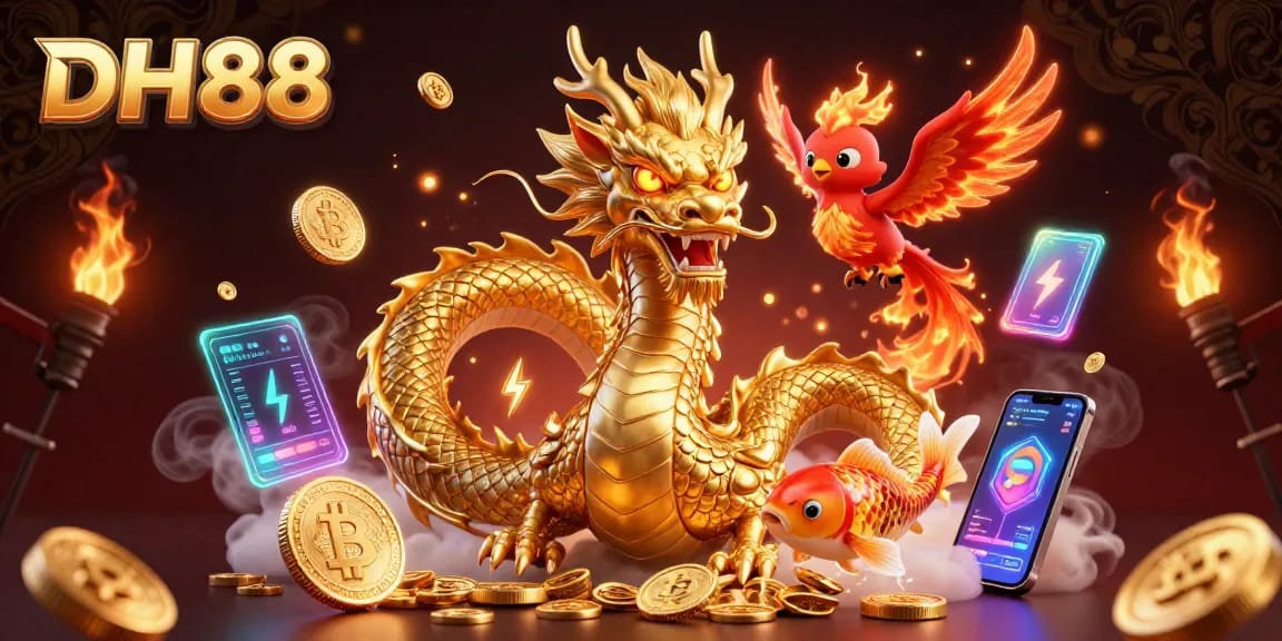 Experience thrilling gaming at DH88 with a golden dragon and phoenix amidst crypto coins.