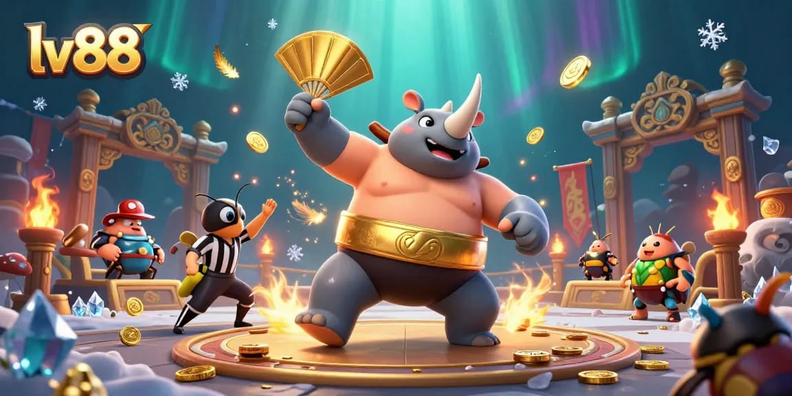 lv88 showcases thrilling casino action featuring a sumo champion beetle amidst flying coins and energetic spectators.