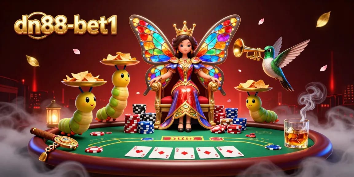 Engage in thrilling gaming with dn88-bet1, amid colorful casino characters and dynamic poker elements.