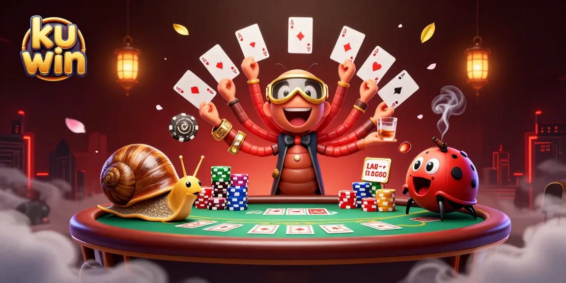 ku win showcases a thrilling poker scene with unique characters and vibrant casino elements.