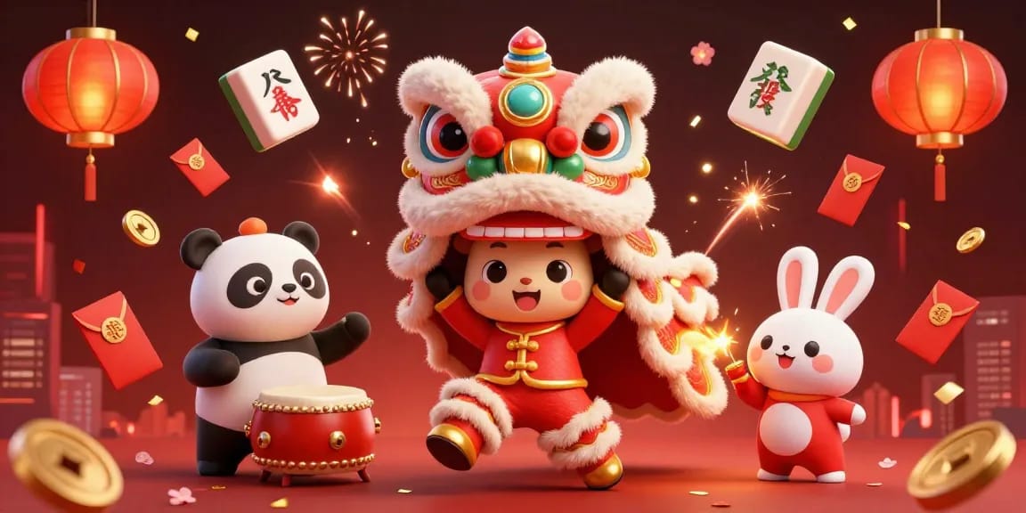 Celebrate with wolfwinner in a vibrant 3D casino scene featuring a lion dance, drumming panda, and festive decorations.