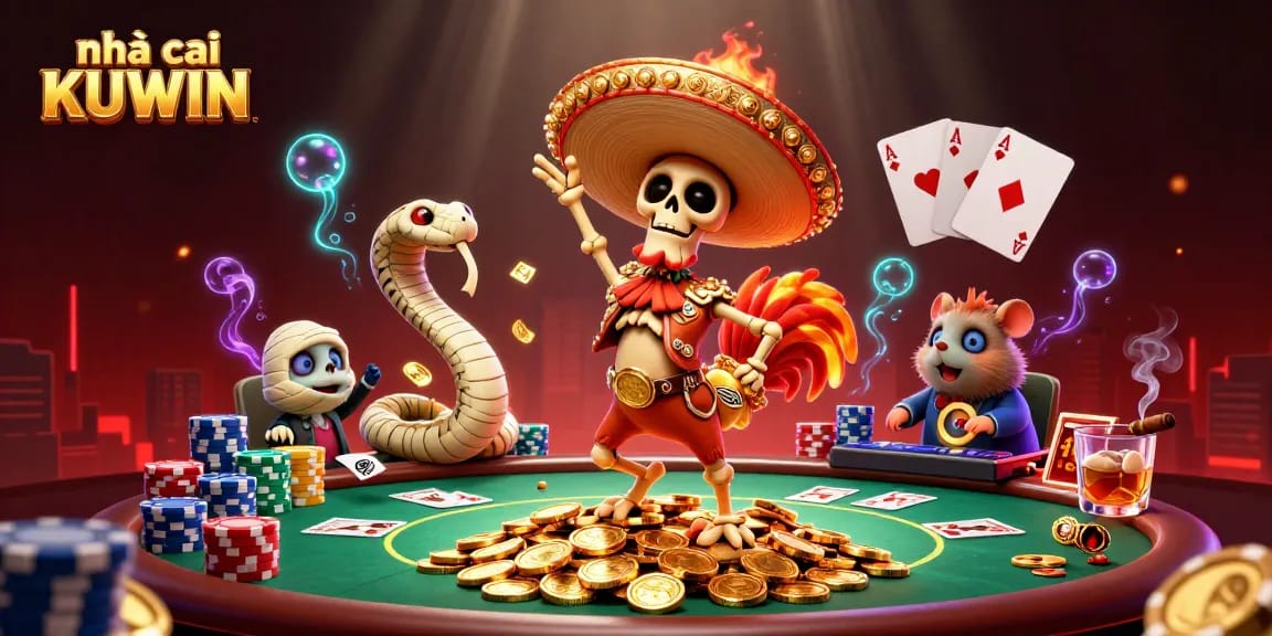 Experience the vibrant world of nhà cái KUWIN with dynamic characters celebrating on a golden treasure pile.