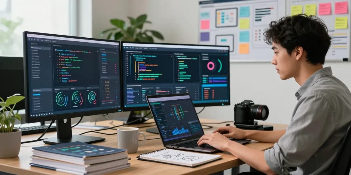 AI automation workspace with a programmer analyzing data on multiple screens in a modern office.