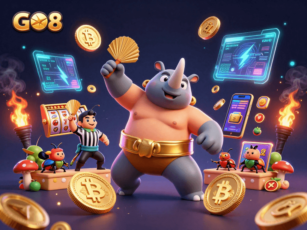 GO8's rhinoceros beetle champion takes a winning stomp, triggering golden coins in an exhilarating casino scene.