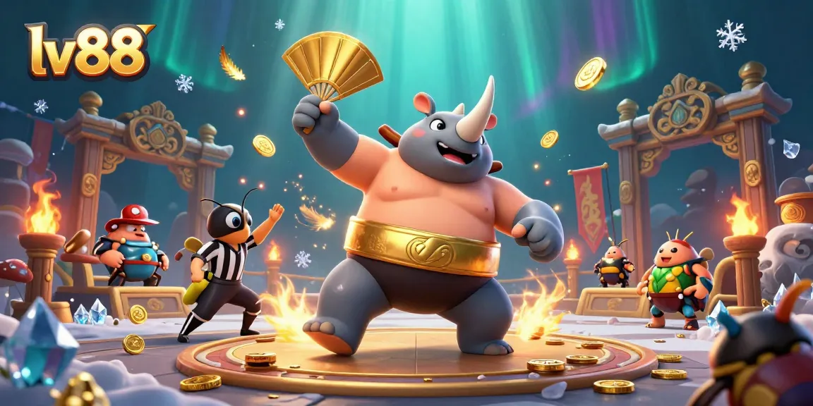 lv88 showcases thrilling casino action featuring a sumo champion beetle amidst flying coins and energetic spectators.