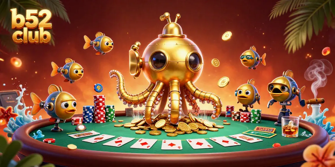 Experience the excitement of b52 club with dynamic poker scenes featuring a golden kraken submarine and vibrant game elements.