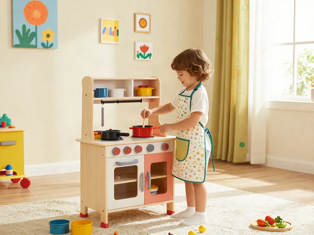 A child joyfully playing with a colourful toy kitchen, fully engaged in imaginative cooking activities, surrounded by vibrant accessories.