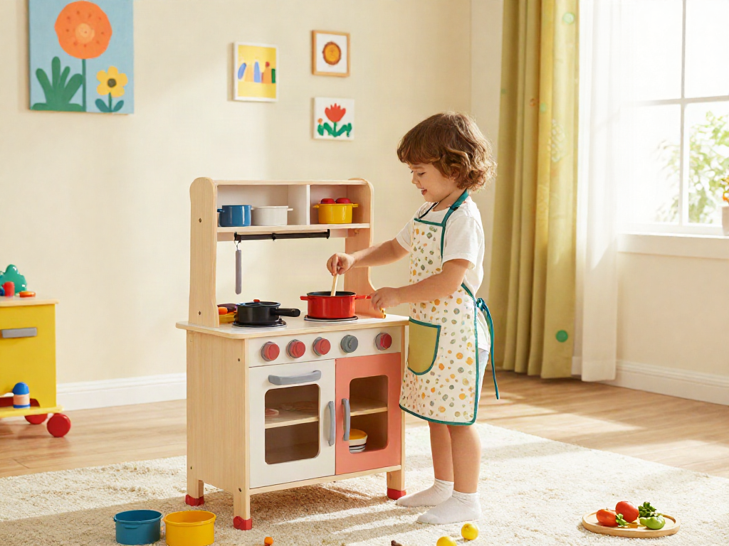 A child joyfully playing with a colourful toy kitchen, fully engaged in imaginative cooking activities, surrounded by vibrant accessories.