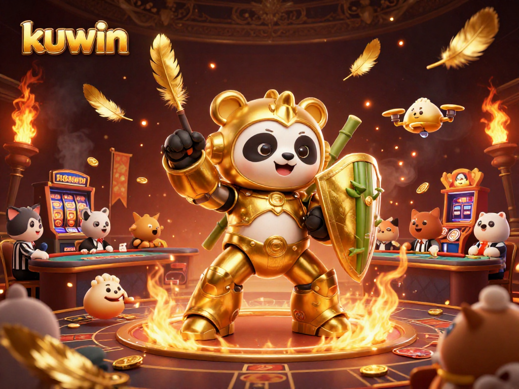 Kuwin slots action featuring a golden mech-suit panda in a vibrant casino arena with lively spectators