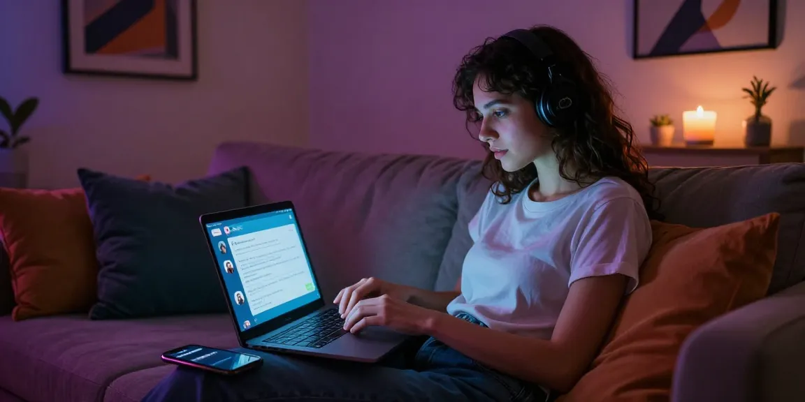 Engaging in an nsfw ai chat on a cozy laptop setup, intimate ambiance.
