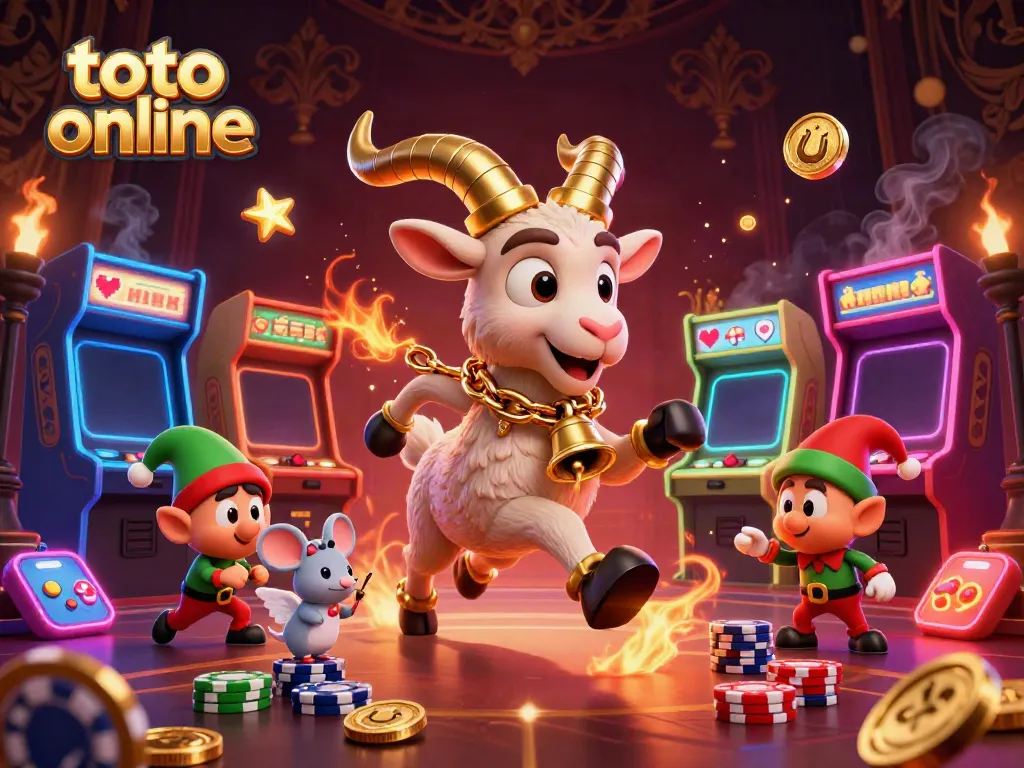 Experience the thrilling ambiance of toto online gaming with festive characters in a vibrant casino scene.