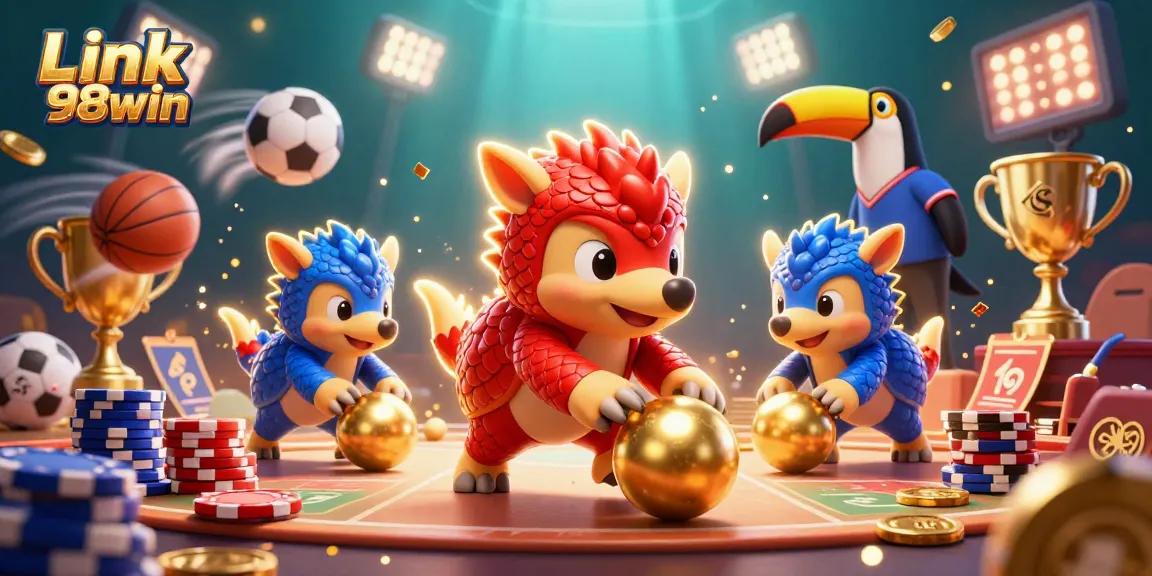 Experience thrilling action at Link 98win with rival pangolins bowling through poker chips in a vibrant casino scene.