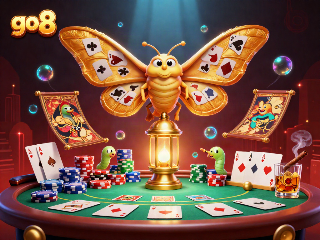 Experience thrilling moments at go 8 with a vibrant casino scene featuring a 3D moth and poker setup.
