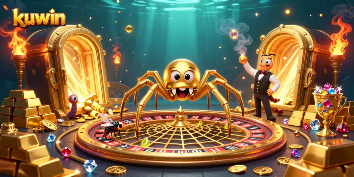 Kuwin's golden spider spins a roulette-themed web while a fly places bets at a lively casino scene.