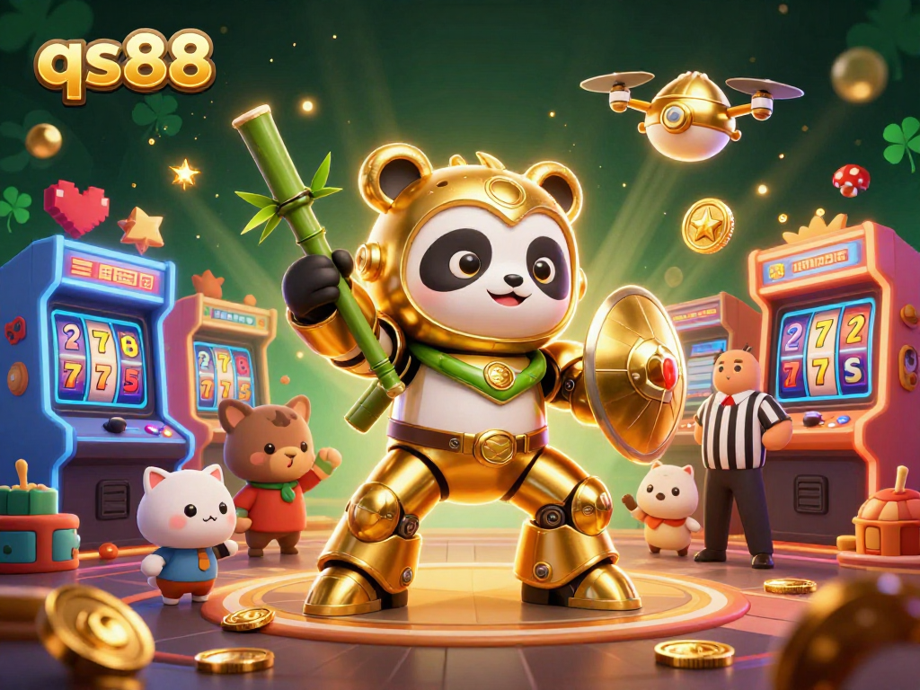 Experience the excitement of qs88 with a mech-suit panda in an electric casino battle.