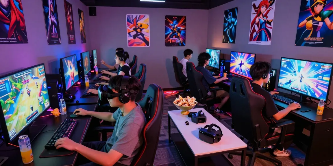 Immersive gaming environment showcasing hentaigames with vibrant lighting, players engaged with consoles and snacks.