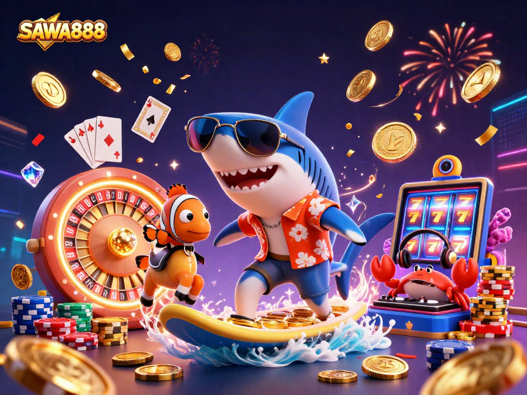 Experience SAWA888 as the hammer-head shark surfs on gold coins with vibrant casino elements around.