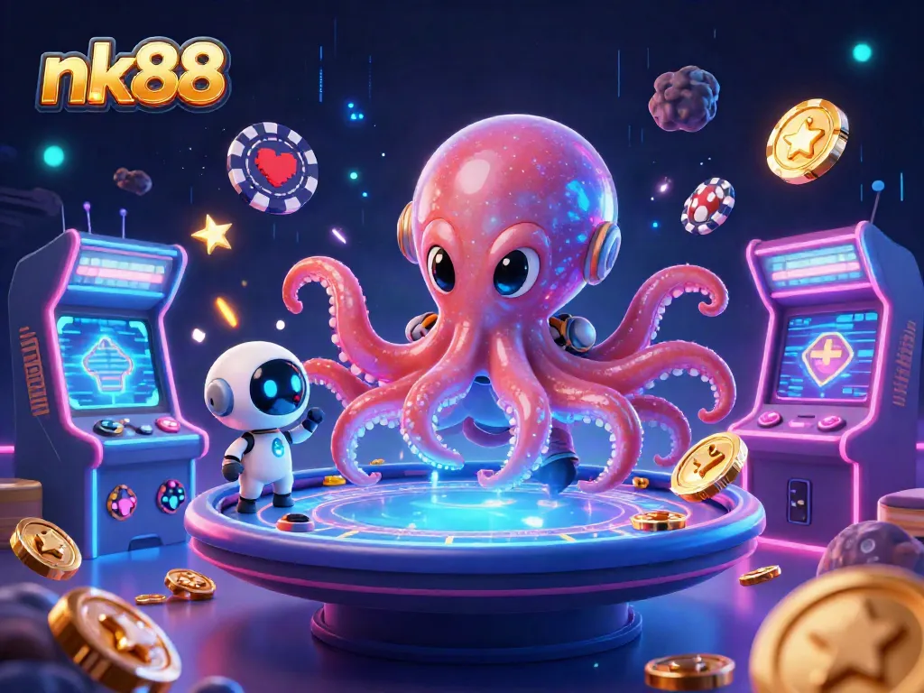 Experience thrilling poker action with nk88's vibrant 3D casino art featuring an alien octopus and holographic gameplay.
