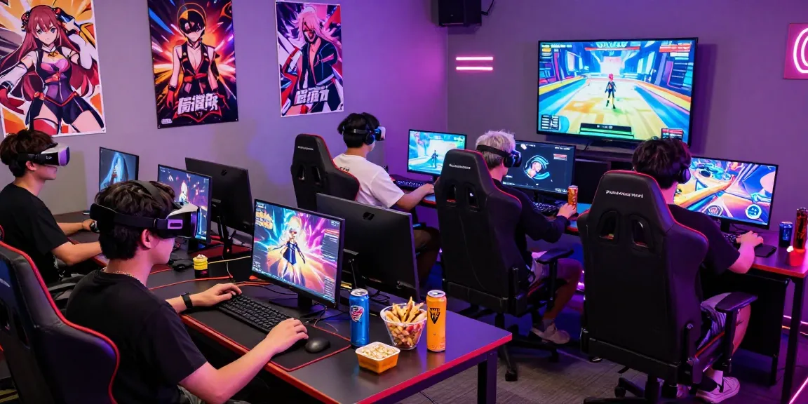 Players engaging with vibrant hentai game graphics in a lively gaming studio.