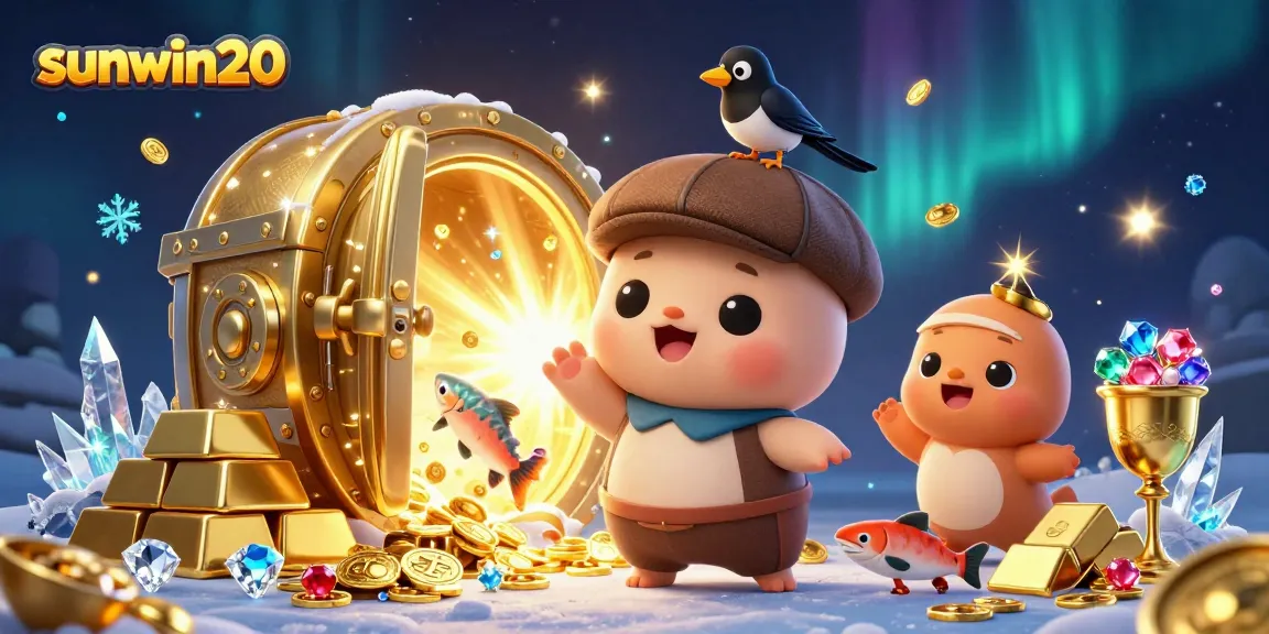 Engage in thrilling play at sunwin20 with vibrant casino elements featuring a cute Nessie, a dynamic treasure scene, and energetic game atmosphere.