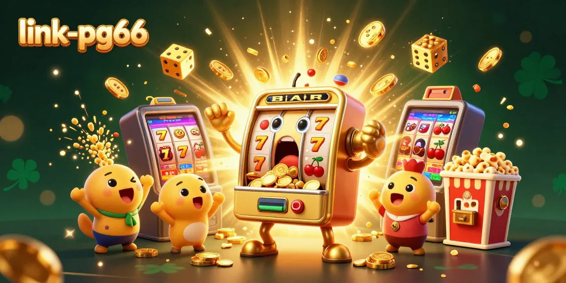 Spin to win with link-pg66's golden slot machine hitting a jackpot amidst a colorful casino scene.