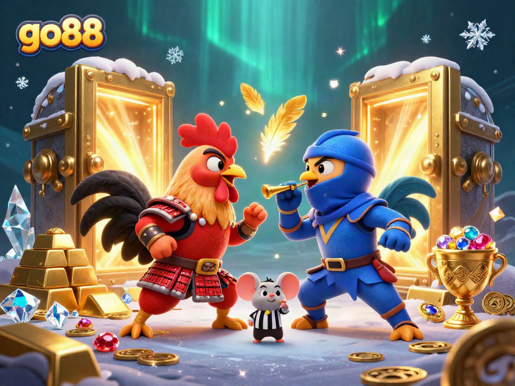 Unlock thrilling wins at go88 with roosters in action, amidst a vibrant casino scene.