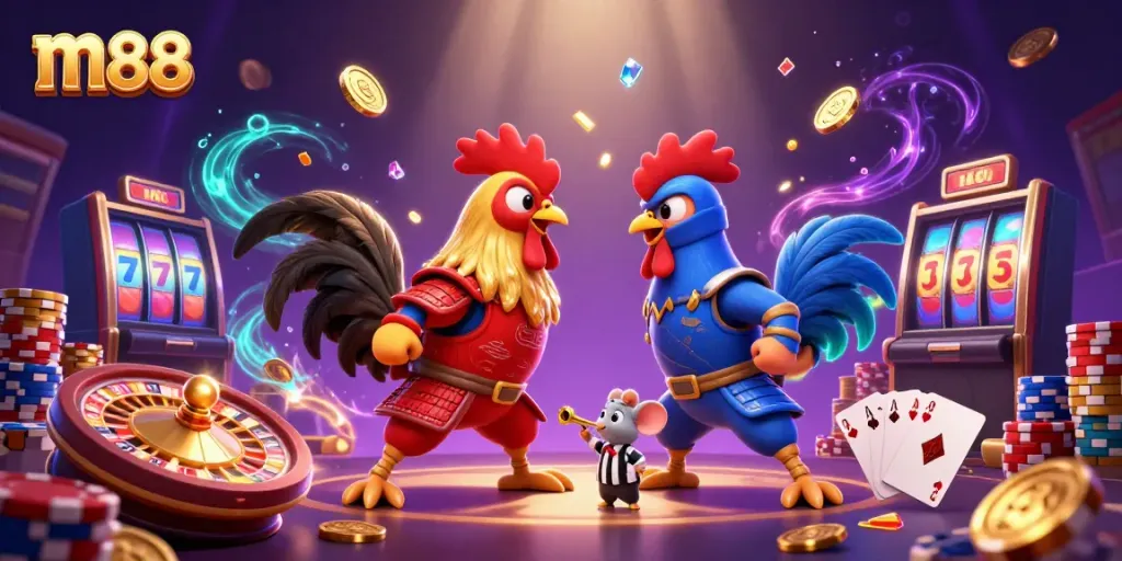 Experience the excitement of m88 with a dynamic cartoon scene of prepared roosters and casino elements.