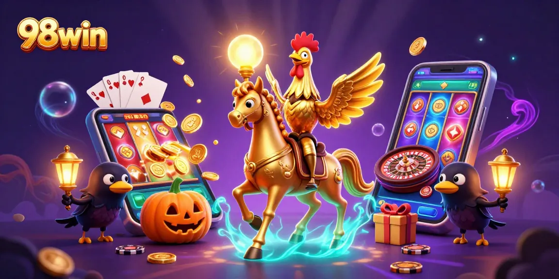Engage with 98win's vibrant casino experience featuring a golden rooster and dynamic slot games.