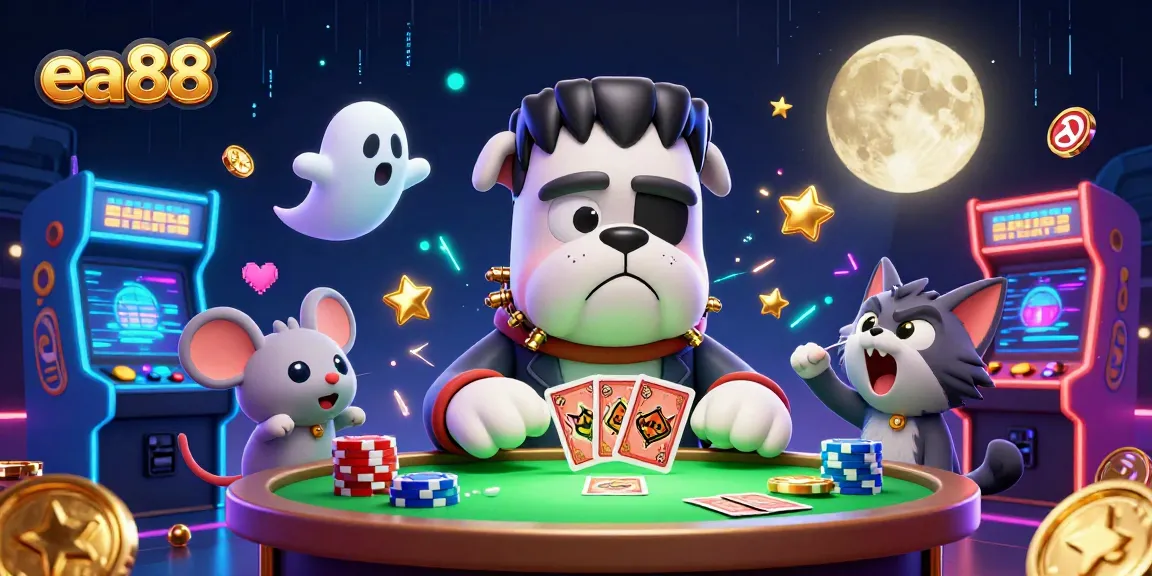 Engage with thrilling casino fun at ea88 while a dog monster deals cards and ghostly mice float over chips.