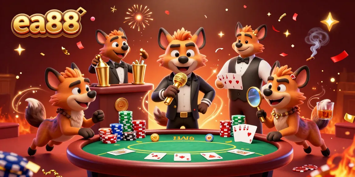 ea88 hyenas perform comedy in a vibrant casino scene, mixing drinks, checking IDs, and poker excitement.