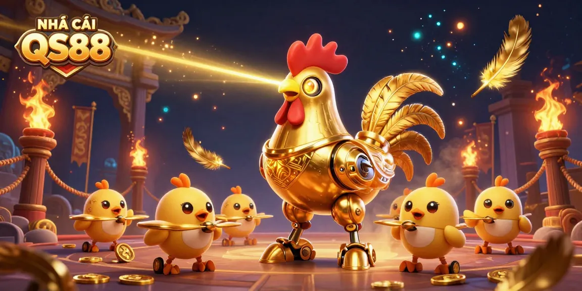 NHÀ CÁI QS88 showcases an energetic scene of a golden rooster robot and drones in a vibrant online casino