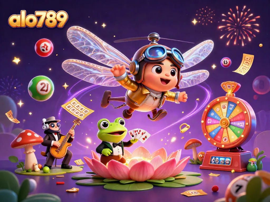 A vibrant alo789 casino scene showcasing a dragonfly pilot, frog dealer, and celebrating wildlife amidst lottery excitement.