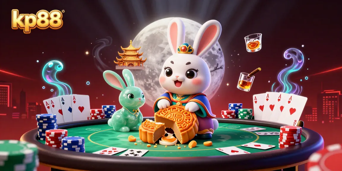 Experience kp88 with a moon rabbit delighting in poker chips as mooncakes crack open.