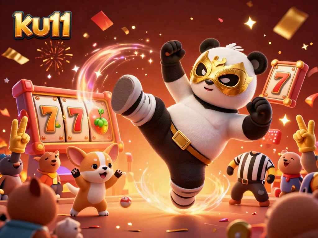 Engage with ku11's vibrant slot action featuring a wrestler panda and lively atmosphere.