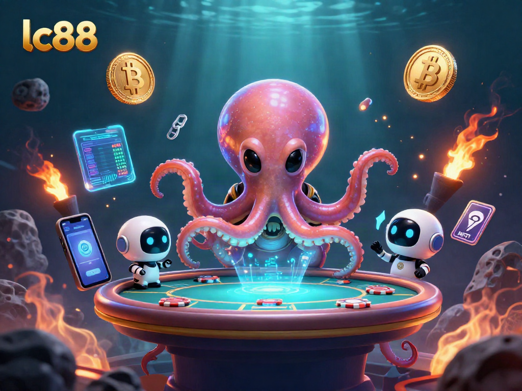 Engage with lc88's exciting holographic poker scene featuring an alien octopus in a casino.