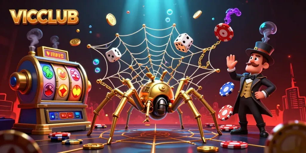 Engage with thrilling VICCLUB gaming illustrated by a steampunk spider entrapping dice, set in vibrant casino ambiance.