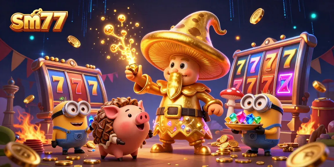 Play thrilling slots with sm77 featuring a wizard and treasure in a vibrant casino scene.