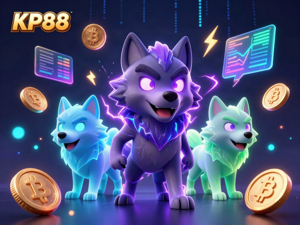 Experience the high-stakes excitement of KP88 with glowing spirit wolves and cryptocurrency elements in a vibrant 3D casino scene.
