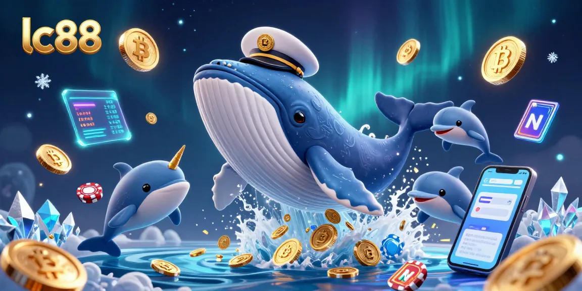 Experience the thrilling world of lc88 with a dynamic 3D scene featuring a captain whale, a narwhal, and dolphins in a rich casino-themed environment.