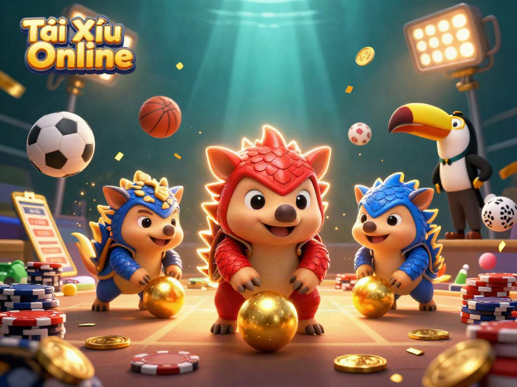 Experience the excitement of Tài Xỉu Online with animated pangolins competing amidst a vibrant casino backdrop.