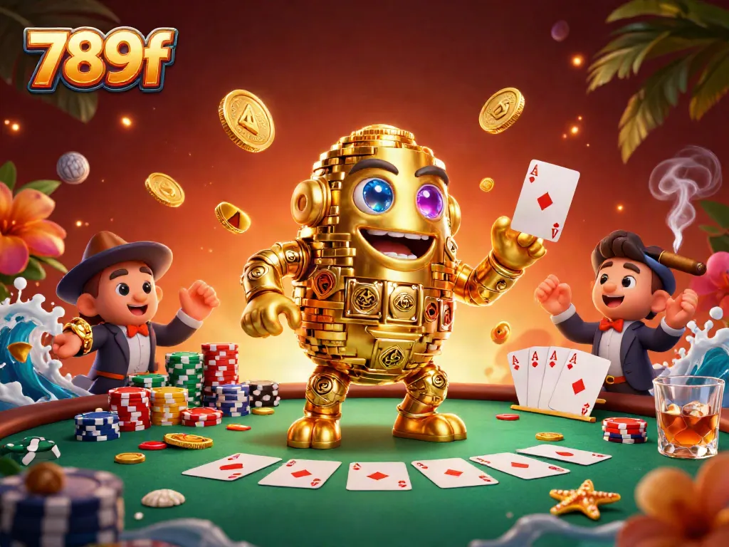 Engage with the dynamic world of 789f poker, featuring a golden golem and vibrant casino elements.