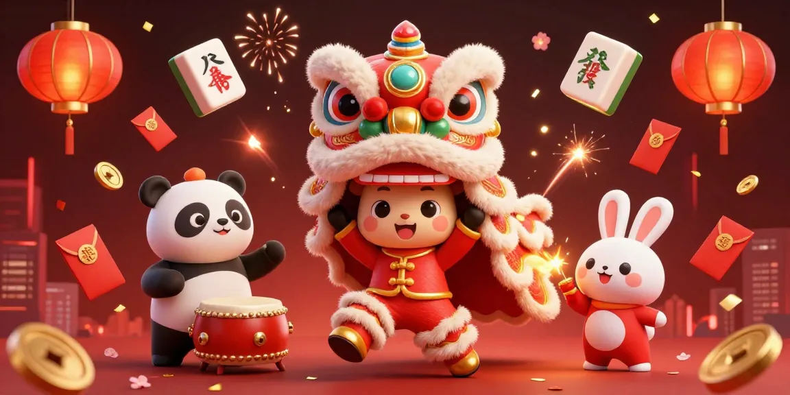 Celebrate with wolfwinner in a vibrant 3D casino scene featuring a lion dance, drumming panda, and festive decorations.
