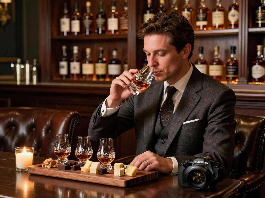 Enjoying Blanton's Gold Edition bourbon in an elegant tasting bar setting with gourmet snacks.