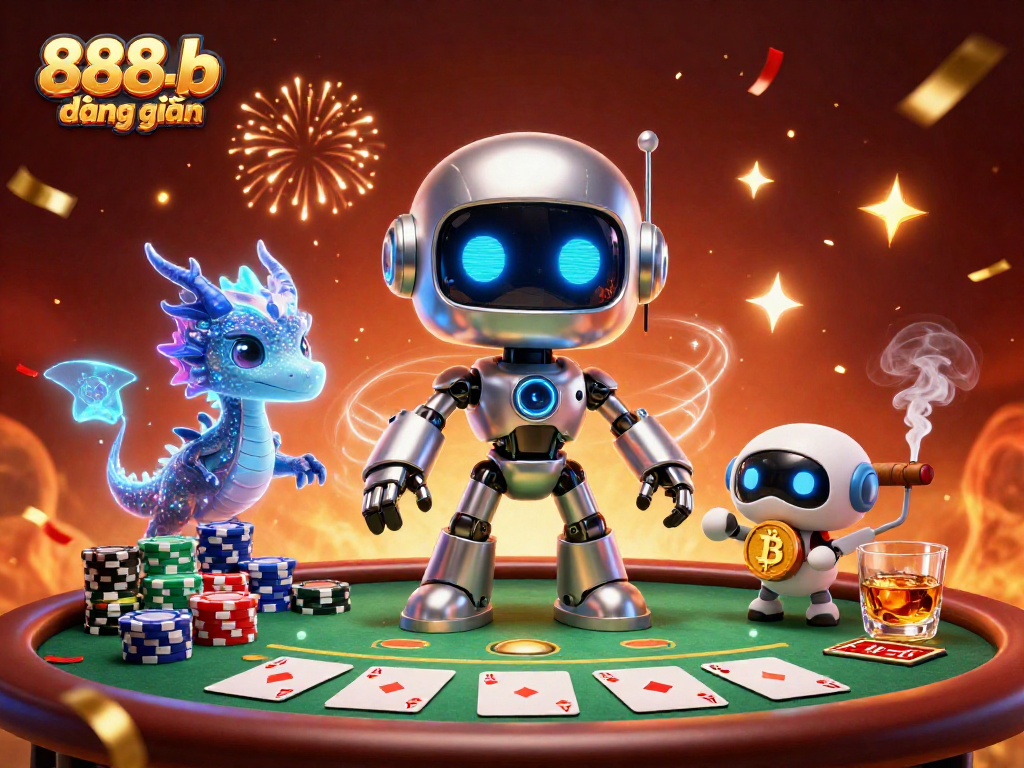 Experience thrilling gaming with 888b đăng nhập, featuring a vibrant robot and poker setup.