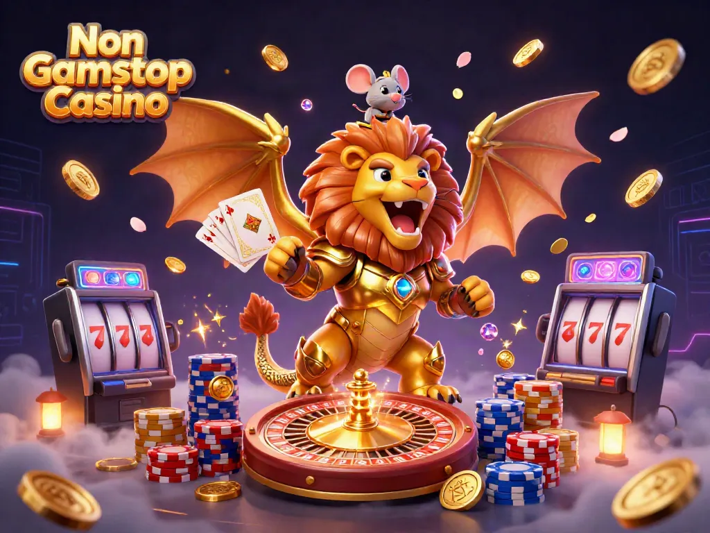 Engaging scene with a triumphant chimera character representing Non Gamstop Casino, surrounded by vibrant gaming elements.